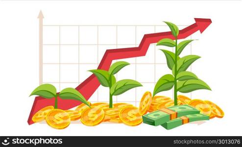 Startup Growth Concept Vector. Tree Growing On A Golden Coins. Growth Graph. Success Aim Reaching. Green Plant. Investment Analytics. Financial Report. Isolated Flat Illustration. Startup Growth Concept Vector. Tree Growing On A Golden Coins. Growth Graph. Success Aim Reaching. Green Plant. Investment Analytics. Financial Report. Isolated Illustration