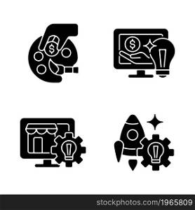 Startup ideas black glyph icons set on white space. Patronage and guidance. Online marketplace. Small business launch. Financial support. Silhouette symbols. Vector isolated illustration. Startup ideas black glyph icons set on white space