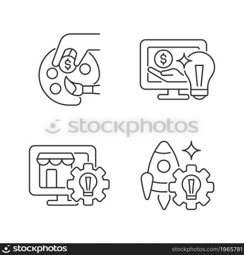 Startup ideas linear icons set. Patronage and guidance. Online marketplace. Small business launch. Customizable thin line contour symbols. Isolated vector outline illustrations. Editable stroke. Startup ideas linear icons set