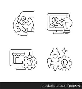 Startup ideas linear icons set. Patronage and guidance. Online marketplace. Small business launch. Customizable thin line contour symbols. Isolated vector outline illustrations. Editable stroke. Startup ideas linear icons set