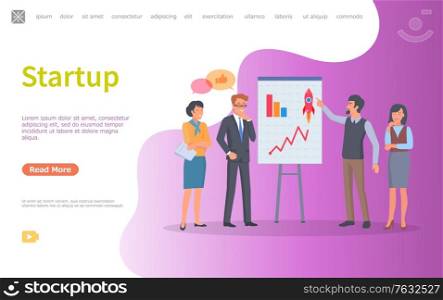 Startup ideas on whiteboard vector, person presenting infocharts and infographics. Partners and investors looking on board with launching rocket. Website or webpage template, landing page flat style. Startup Business Solution Presentation Website