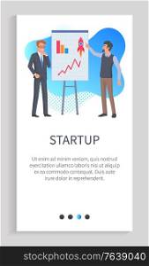 Startup ideas on whiteboard vector, person presenting infocharts and infographics. Partners and investors looking on board with launching rocket. Slider for business app with startup team. Startup Business Solution Presentation Website App