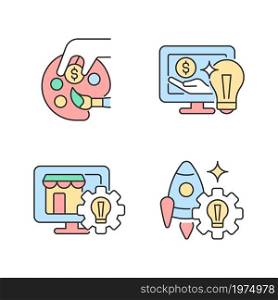 Startup ideas RGB color icons set. Patronage, guidance. Online marketplace. Financial support. Isolated vector illustrations. Simple filled line drawings collection. Editable stroke. Startup ideas RGB color icons set