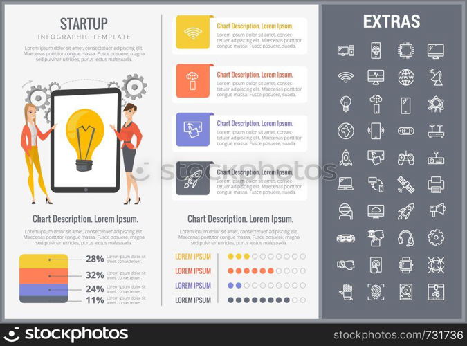 Startup infographic template, elements and icons. Infograph includes customizable graphs, charts, line icon set with startup rocket, business launch, global network technology, internet connection etc. Startup infographic template, elements and icons.