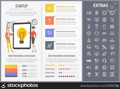 Startup infographic template, elements and icons. Infograph includes customizable graphs, charts, line icon set with startup rocket, business launch, global network technology, internet connection etc. Startup infographic template, elements and icons.