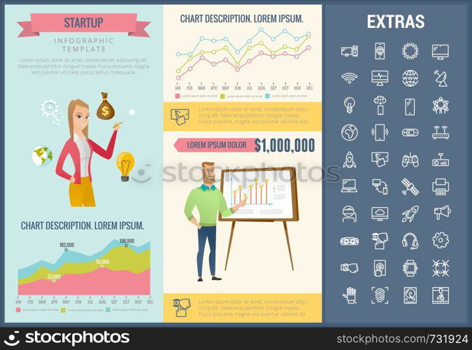 Startup infographic template, elements and icons. Infograph includes customizable graphs, charts, line icon set with startup rocket, business launch, global network technology, internet connection etc. Startup infographic template, elements and icons.