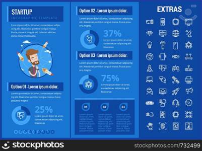 Startup infographic template, elements and icons. Infograph includes customizable graphs, charts, line icon set with startup rocket, business launch, global network technology, internet connection etc. Startup infographic template, elements and icons.