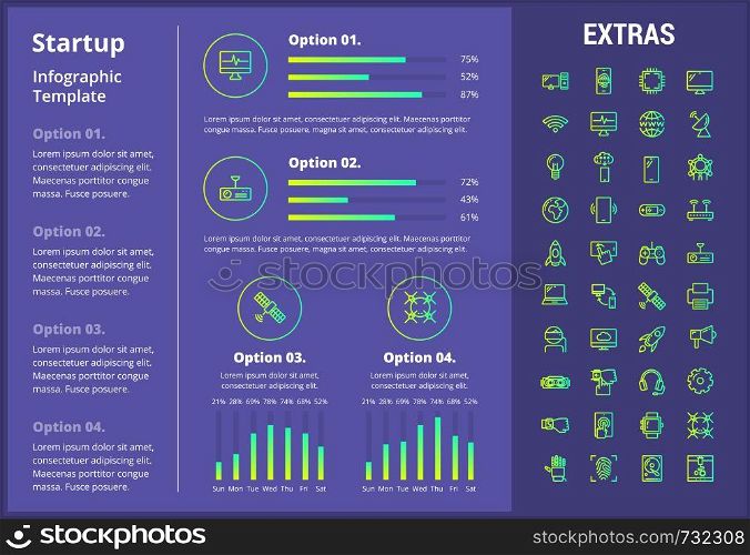 Startup infographic template, elements and icons. Infograph includes customizable graphs, four options, line icon set with startup rocket, business launch, network technology, internet connection etc.. Startup infographic template, elements and icons.