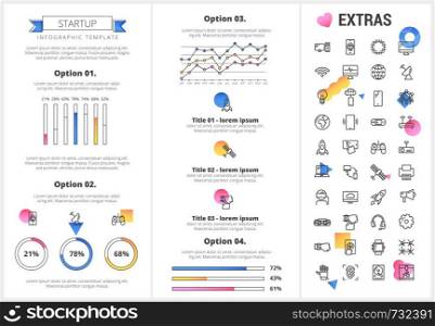 Startup infographic template, elements and icons. Infograph includes customizable graphs, four options, line icon set with startup rocket, business launch, network technology, internet connection etc.. Startup infographic template, elements and icons.