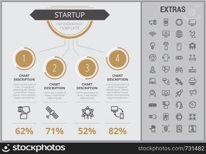 Startup infographic template, elements and icons. Infograph includes numbered customizable charts, line icon set with startup rocket, business launch, network technology, internet connection etc.. Startup infographic template, elements and icons.