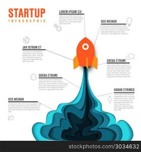 Startup infographic template. Paper cut startup infographic template with space rocket - light version