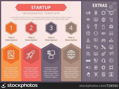 Startup infographic timeline template, elements and icons. Infograph includes numbered options, line icon set with startup rocket, business launch, global network technology, internet connection etc.. Startup infographic template, elements and icons.