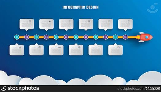 Startup infographics with 12 data template. Vector illustration abstract rocket paper art on blue background. Can be used for planning, strategy, workflow layout, business step, banner, web design.