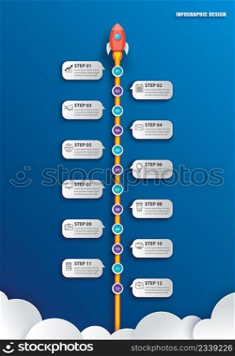 Startup infographics with 12 data template. Vector illustration abstract rocket paper art on blue background. Can be used for planning, strategy, workflow layout, business step, banner, web design.