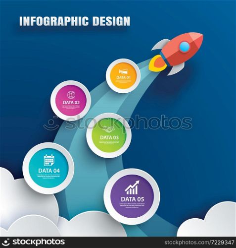Startup infographics with 5 circle data template. Vector illustration abstract rocket paper art background. Can be used for planning, strategy, workflow layout, business step, banner, web design.