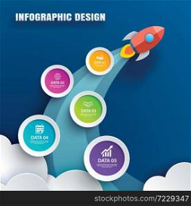 Startup infographics with 5 circle data template. Vector illustration abstract rocket paper art background. Can be used for planning, strategy, workflow layout, business step, banner, web design.