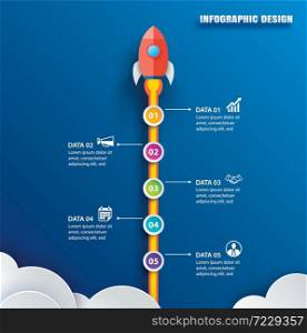 Startup infographics with 5 circle vertical data template. Vector illustration abstract rocket paper art on blue background. Can be used for planning, strategy, workflow layout, business step, banner, web design.