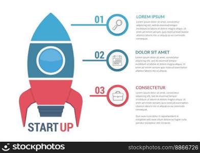 StartUp infographics with rocket divided on three elements with icons, numbers and text, vector eps10 illustration. StartUp Infographics