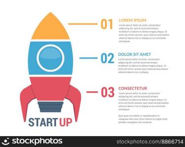 StartUp infographics with rocket divided on three elements with numbers and text, vector eps10 illustration. StartUp Infographics