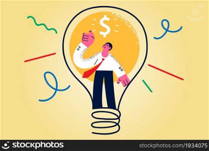 Startup, innovation and creative ideas concept. Young smiling businessman cartoon character standing in huge light bulb with dollar sign inside vector illustration . Startup, innovation and creative ideas concept