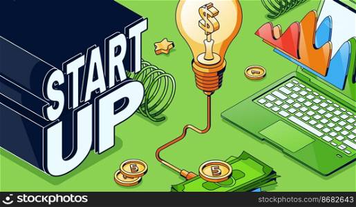 Startup isometric business concept with glowing light bulb, laptop with data chart and money pile. Successful project launch, company idea development and success, 3d vector line art illustration. Startup isometric concept with glowing light bulb