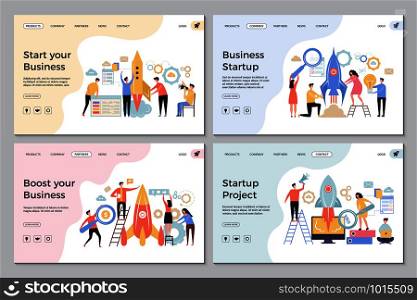 Startup landing pages. Web business sites design templates office managers director successful people launch startup vector symbols. Illustration of startup project, promotion and teamwork. Startup landing pages. Web business sites design templates office managers director successful people launch startup vector symbols