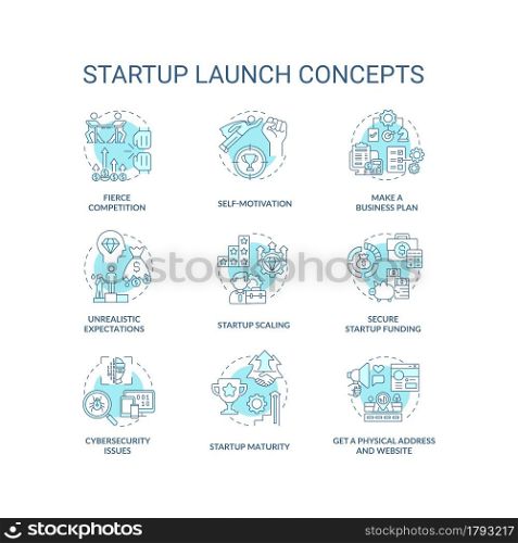 Startup launch blue concept icons set. Fierce competition. Self motivation. Make business plan. Entrepreneurship idea thin line color illustrations. Vector isolated outline drawings. Editable stroke. Startup launch blue concept icons set