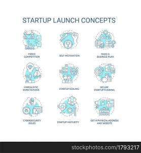 Startup launch blue concept icons set. Fierce competition. Self motivation. Make business plan. Entrepreneurship idea thin line color illustrations. Vector isolated outline drawings. Editable stroke. Startup launch blue concept icons set