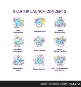 Startup launch concept icons set. Fierce competition. Self motivation. Make business plan. Entrepreneurship idea thin line color illustrations. Vector isolated outline drawings. Editable stroke. Startup launch concept icons set