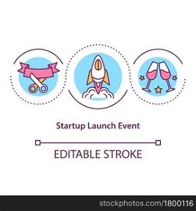 Startup launch event concept icon. Celebration party for starting business. Corporate ceremony abstract idea thin line illustration. Vector isolated outline color drawing. Editable stroke. Startup launch event concept icon