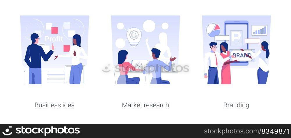 Startup launch isolated concept vector illustration set. Business idea, market research, create brand and trademark, startup investment strategy and funding, analyzing competitors vector cartoon.. Startup launch isolated concept vector illustrations.