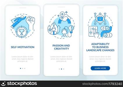 Startup launch requirements blue onboarding mobile app page screen. Business walkthrough 3 steps graphic instructions with concepts. UI, UX, GUI vector template with linear color illustrations. Startup launch requirements blue onboarding mobile app page screen