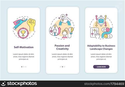Startup launch requirements onboarding mobile app page screen. Business walkthrough 3 steps graphic instructions with concepts. UI, UX, GUI vector template with linear color illustrations. Startup launch requirements onboarding mobile app page screen