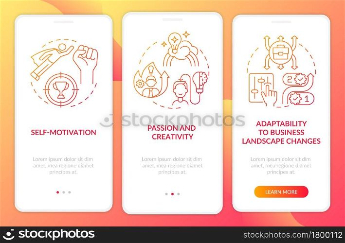 Startup launch requirements red onboarding mobile app page screen. Business walkthrough 3 steps graphic instructions with concepts. UI, UX, GUI vector template with linear color illustrations. Startup launch requirements red onboarding mobile app page screen