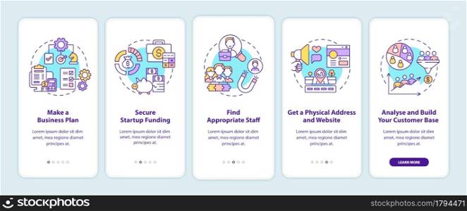 Startup launch steps onboarding mobile app page screen. Starting business walkthrough 5 steps graphic instructions with concepts. UI, UX, GUI vector template with linear color illustrations. Startup launch steps onboarding mobile app page screen
