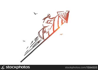 Startup, leadership, growth, winner, first concept sketch. Arab in traditional hijab flying up sitting on rocket. Hand drawn isolated vector illustration. Startup, leadership, growth, winner, first concept sketch. Hand drawn isolated vector illustration