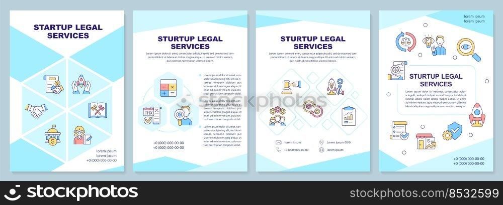 Startup legal services cyan brochure template. Hiring lawyer. Leaflet design with linear icons. Editable 4 vector layouts for presentation, annual reports. Arial-Black, Myriad Pro-Regular fonts used. Startup legal services cyan brochure template