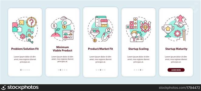 Startup lifecycle phases onboarding mobile app page screen. Business launch walkthrough 5 steps graphic instructions with concepts. UI, UX, GUI vector template with linear color illustrations. Startup lifecycle phases onboarding mobile app page screen