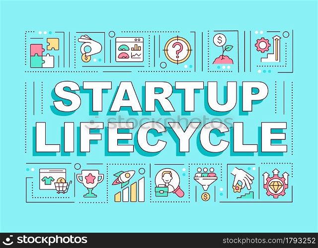 Startup lifecycle word concepts banner. Phases for business progress. Infographics with linear icons on turquoise background. Isolated creative typography. Vector outline color illustration with text. Startup lifecycle word concepts banner