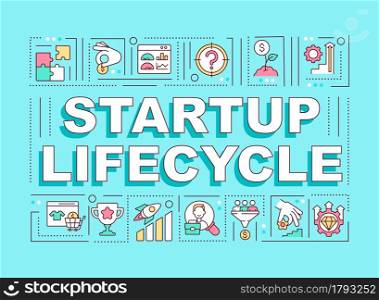 Startup lifecycle word concepts banner. Phases for business progress. Infographics with linear icons on turquoise background. Isolated creative typography. Vector outline color illustration with text. Startup lifecycle word concepts banner