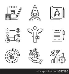 Startup linear icons set. Budget, startup launch, prototype, business plan, angel investor, contract, IPO, seed money, profit. Contour symbols. Isolated vector outline illustrations. Editable stroke. Startup linear icons set