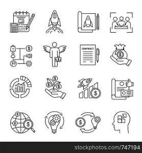 Startup linear icons set. Project financing and budgeting. Business development. Investment. Profit growth. Angel investor, venture capital. Isolated vector outline illustrations. Editable stroke. Startup linear icons set