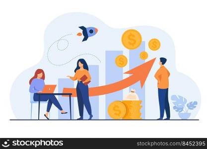 Startup managers presenting and analyzing sales growth chart. Group of workers with heap of cash, rocket, bar diagrams with arrow and heap of money. For business success, marketing, profit concepts