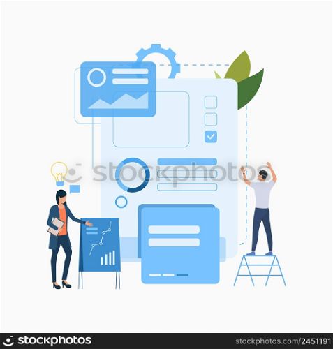 Startup metaphor flat icon. Entrepreneur, developer, idea. Teamwork concept. Can be used for topics like analysis, presentation, investment. Startup metaphor flat icon
