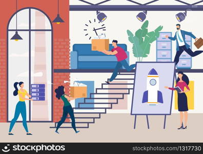 Startup New Business Project Creation. Executive Managers Rushing Run with Boxes Full of Documents. Leader Boss Leading Working Process Stand by Dashboard with Metaphor Rocket. Vector Illustration. Startup New Business Project Creation Process