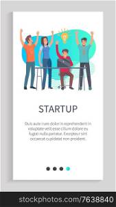 Startup new idea concerning business vector. Businessman sitting by table with laptop, looking at screen, IT development success and achievement. Slider for business app with startup team. Startup People with New Idea for Business Website