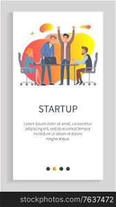 Startup new solution for business of company vector. Man with creative idea, people at conference, brainstorming workers sit by table in office. Slider for business app with startup team. Startup Conference with New Ideas Announcement App