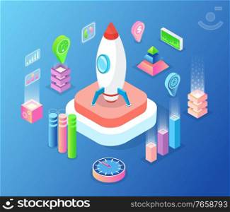 Startup of new business vector, isolated rocket spaceship with location pointer and pedestal, innovative project, launching of spacecraft isometric style. Startup Rocket with Icons and Location Vector