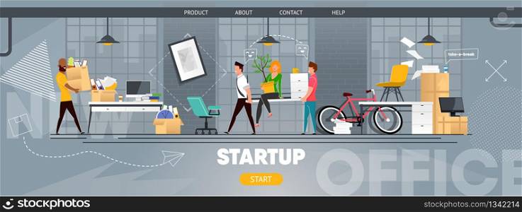 Startup Office Space and Working Team Flat Banner. Team of Happy Diverse Business People Settled in New Coworking Center. Open Loft Workspace Selection and Organization. Vector Cartoon Illustration. Startup Office Space and Working Team Flat Banner