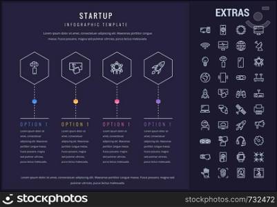 Startup options infographic template, elements and icons. Infograph includes four options, line icon set with startup rocket, business launch, network technology, internet connection, satellite etc.. Startup infographic template, elements and icons.